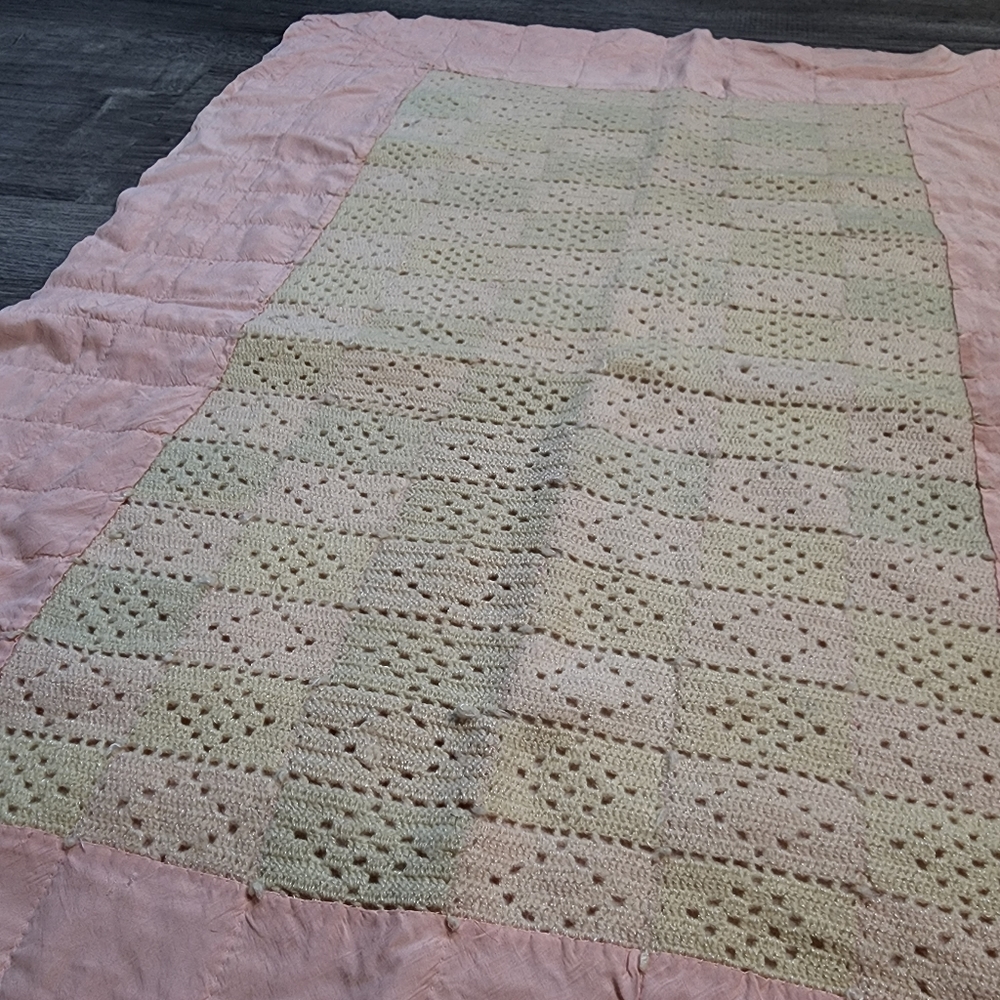 VINTAGE Crochet and Hand Stitched Pink and Cream Small Baby Blanket